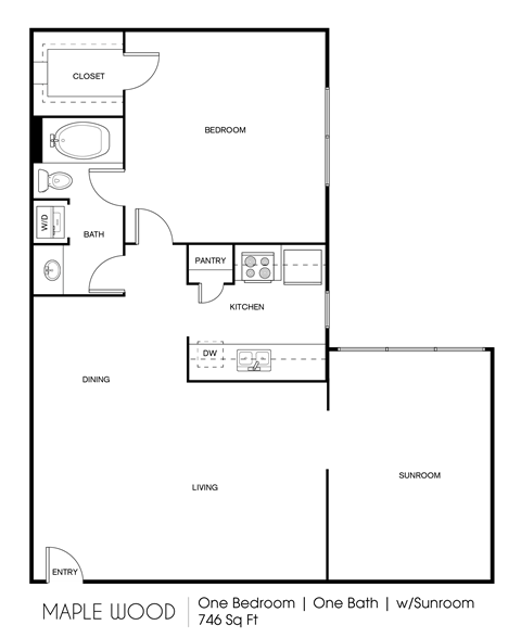 Floor plan for 1 bed, 1 bath, 753 sqft